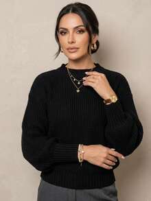 Women's Plain Basic Long-Sleeved Knit Blouse For Winter - Black - View 1