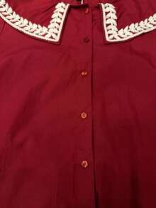 Women's Shirt With Ruff Collar/ Embroidered Detail/ Front Buttons/ Long Sleeves/ Classic Fashion S2192 2 In 1 Office - Burgundy - View 3