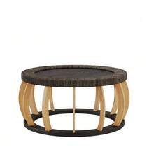 Vintage Round Coffee Table Made Of Rattan And Solid Wood, Boho Style Side Table With Curved Legs For Dining Room, Kitchen And Living Room, Natural Color. - 黑色 - 查看 1