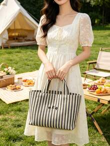 Casual Minimalist Letter Canvas Tote Bag, Striped Pattern Handbag, High Cost-Effective For Outdoor Shopping, Fashion Versatile Suitable For Moms, Students, Office Workers - Grey - View 7