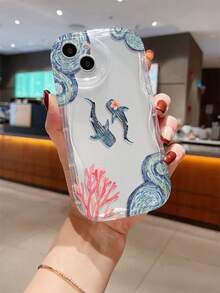 1个鲸鱼海洋元素图案奶油色透明防摔手机壳，TPU材质，适合作为节日礼物，兼容苹果iPhone Xs/Xs Max/Xr/11/12/13/14/15/16 Pro/Pro Max/14/15/16 Plus/17，男女通用 - 彩色 - 查看 2