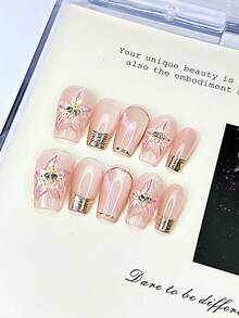 10 pièces Stickers pour ongles français à base semi-transparente rose nude avec cadre doré, décoration florale rose peinte à la main avec strass et ligne métallique, élégants et luxueux, réutilisables. Comprend 1 pièce autocollant adhésif, 1 pièce bâtonnet en bois, 1 pièce lime à ongles. Convient pour le port quotidien ou les fêtes. - Multicolore - Voir 5