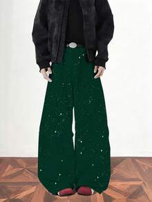 Men's Curved Blade Design, Double Pocket Style, Faux Jeans, Machine Washable, Suitable For Casual Wear And Themed Apparel. Green Background With White Star Pattern Print - phong cách - Xem 2