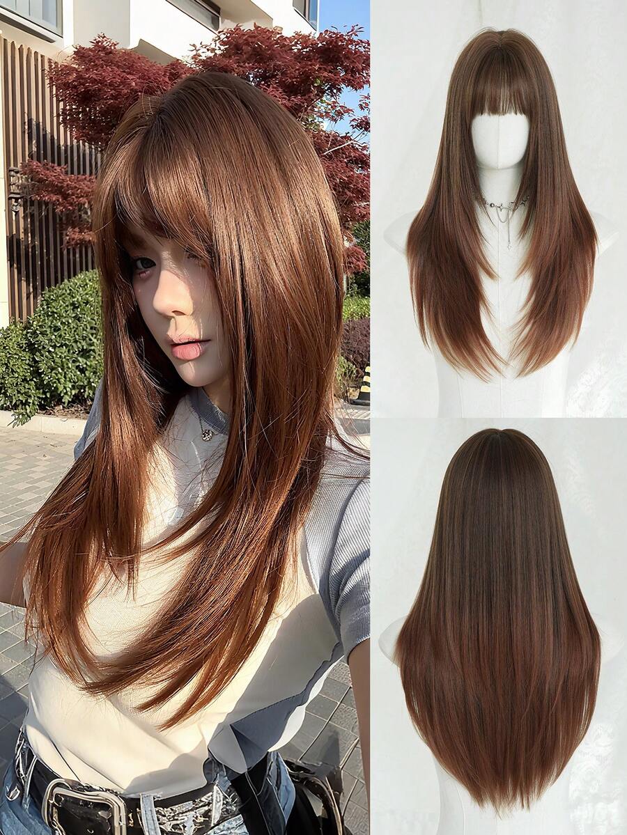 Tóc giả dài 24 inch màu nâu ombre, kiểu tóc thẳng nhiều lớp dành cho nữ - Tóc giả thanh lịch có mái - Chân tóc tối màu, trông tự nhiên, bồng bềnh, rất mềm mại, làm từ sợi tổng hợp chịu nhiệt, tóc giả nguyên đầu được làm bằng máy, thích hợp làm quà tặng hàng ngày cho bạn bè. - Màu nâu ombre - Xem 1