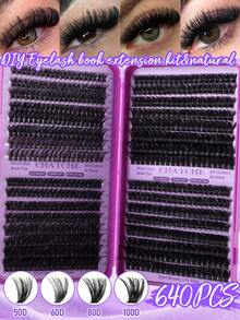 640/480/200 pièces Faux cils individuels segmentés D-Curl en livre, utilisation maison DIY, facile à appliquer, volumineux et adapté aux débutants, tenue longue durée, épais et portables, mélange de faux cils naturels doux, design classique en faisceaux croisés - D - Voir 3