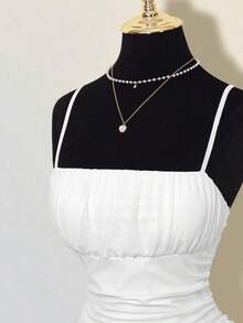 Vestido mini halter retro estampado otoñal con pliegues para mujer - Blanco - Ver 4