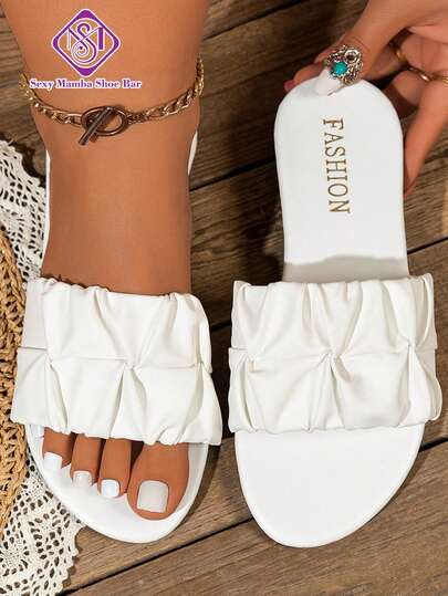 Sandal đế bằng bản rộng xếp ly dành cho nữ, kiểu dáng thời trang, thanh lịch, thoải mái, thích hợp cho tiệc tùng, hoạt động ngoài trời, đi biển và mặc thường ngày.