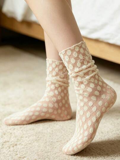 Calcetines de media pantorrilla de mujer con lunares de color albaricoque y encaje, suaves, transpirables y sin olor, de estilo romántico francés, versátiles y cortos, adecuados para combinar con zapatos tipo Mary Jane