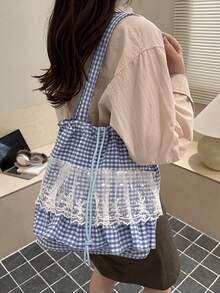 Casual Minimalist Plaid Drawstring Pleated Hem Large Capacity Tote Shoulder Bag, Women Pleated Hem Shoulder Bag - Multicolor - View 8