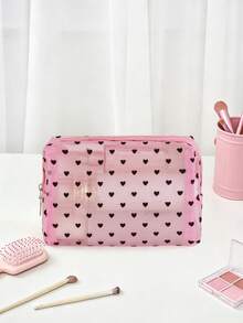 1 pieza Bolsa de maquillaje de malla con corazón rosa, bolsa de almacenamiento minimalista, bolsa de aseo multifuncional, adecuada para maquillaje, viajes y uso diario - Rosa - Ver 5