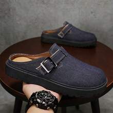 New Retro Denim Platform Mules With Metal Buckle, Slip-On Comfortable Soft Sole Backless Loafers - Royal Blue - View 4