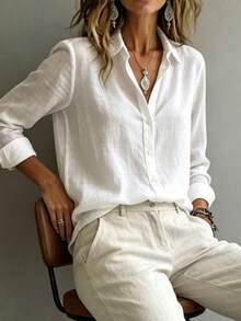 Fashionable Elegant Long Sleeve Collared Shirt Women Versatile Loose Casual Commute Top Solid Color Button Front Daily Office Blouse White - White - View 3