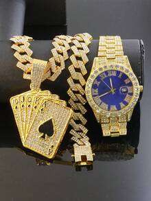 Conjunto de collar con colgante de póker con diamantes de imitación estilo real y reloj con esfera azul completamente cubierto de diamantes de imitación, estilo punk para hombres, joyería a juego de rapero de hip hop - Azul - Ver 3