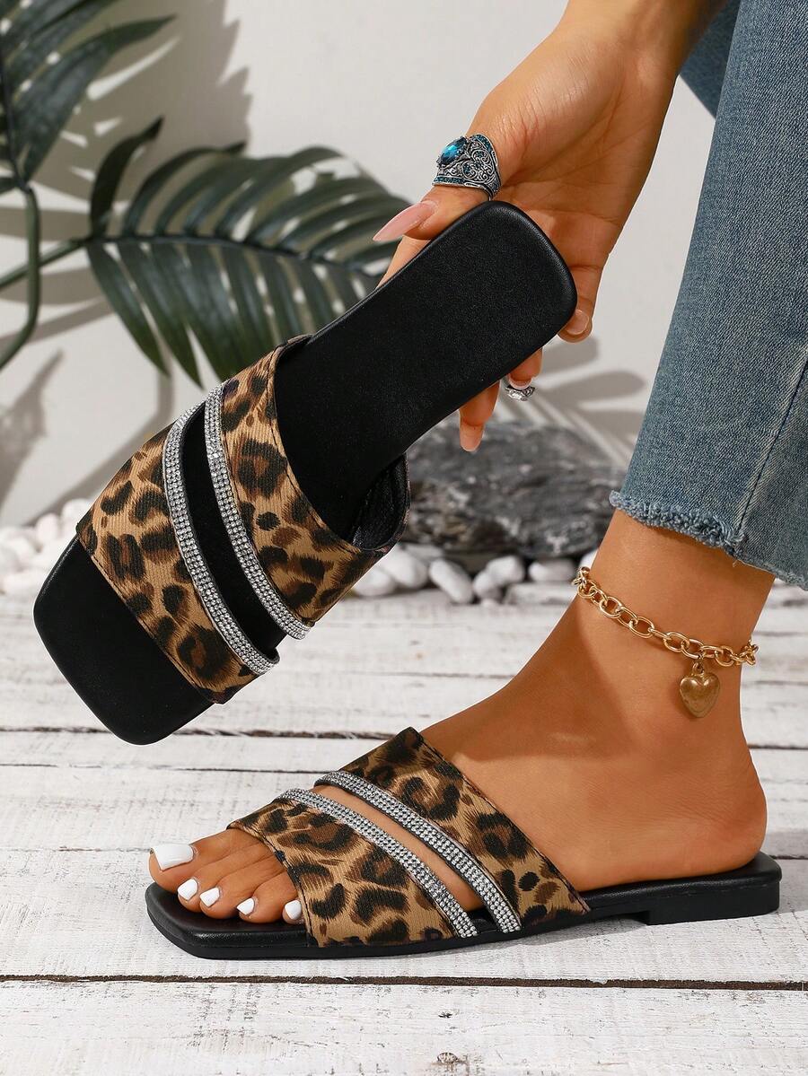 Europäischer und amerikanischer Stil Große Größen Damen bequeme einfache Träger große Blume Quadratische Zehenkappe Flache Slide Sandalen, Lässige Mode Outdoor Strand Sommer Schuhe - Verschiedenfarbig - Übersicht 1