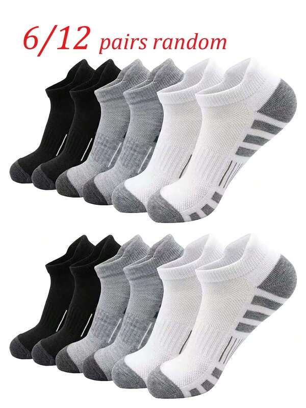 6/12 đôi tất thể thao cổ ngắn ngẫu nhiên, kiểu dáng tối giản, nhẹ, thoáng khí, nhanh khô và bền, phù hợp cho chạy bộ, đạp xe, tập thể dục, yoga, đi bộ đường dài, đi làm và mặc hàng ngày.