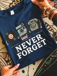 Plus Size, Women's Plus Size 90s Retro T-Shirt - 90s Never Forget Pop Culture Vintage Tee With Cassette, Floppy Disk & Up Graphics, White Nostalgic 90s TV & Movies Shirt, Machine Washable, Casual Style, Crew Neck, Regular Fit, Local Shipping - Summer Outfits For Women - Màu xanh hải quân - Xem 1