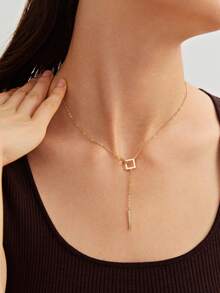 1件不锈钢极简方形几何吊坠项链，引人注目的饰品 - 金色 - 查看 5