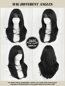 22-Inch Black Medium-Length Wig With Bangs For Women, Dark Roots Soft Heat-Resistant Fiber Full Machine Synthetic Straight Hair Wigs For Party Cosplay Halloween Wear, Music Festivals Celebrations Use - Black - View 6