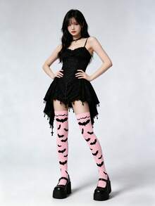 Élanzette 1 Pair Pink Thigh High Socks, Gothic Bat Design Over-The-Knee Long Socks, Street Fashion For Women, Comfortable Summer Outfit - Multicolor - View 6
