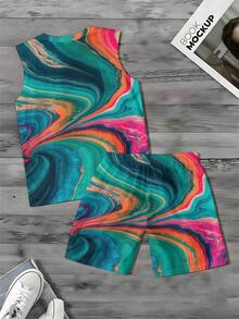 Summer Outfits For Men Abstract Art 2026 Summer New Styles Men's Plus Size Wide Shoulder Vest & Beach Shorts Set Two Piece Set Colorful Swirl Pattern For Beach And Pool Activities Perfect Gift For Him - 白色 - 查看 4