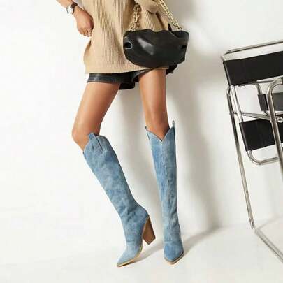 Neue westliche Stil große Größen Stiefel für Damen, exklusive geteilte Jeansstoff-Stiefel mit spitzer Spitze & ultrahochen Absatz, figurbetonende Schlauchstiefel hoher Schaft für Alltag & Party