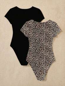 Set de 2 bodys casuales para mujer con estampado de leopardo y unicolor, de cuello redondo y manga corta, ajustados, apropiados para el verano - Multicolor - Ver 7