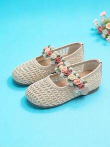 3-12 Years Old Girls 1 Pair Cream & Apricot Hollow Mesh 3D Floral Cluster Pearl Decor Breathable Non-Slip Soft Bottom Mary Jane Princess Flat Shoes, Pastoral Fairy Style Best Seller For Spring/Summer Outdoor Matching - Beige - View 2