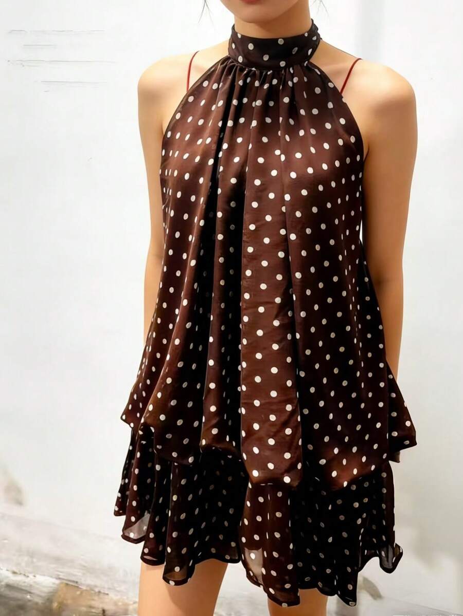 Valentine Outfits For Women Sweet Vacation Slim Sexy Backless Halter Waist-Cinching Top Puffy Short Skirt Dress For Women - 咖色波點 - 查看 1