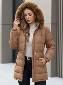 Women's Puffer Jacket With Faux Fur Lining For Winter With Hood - Óxido marrón - Ver 3