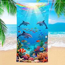 1pc Underwater World Dolphin & Coral Beach Towel, Super Soft Microfiber Extra Large Beach Blanket, Super Absorbent Bath Towel, Suitable For Travel, Swimming Pool, Diving, Surfing, Yoga, Camping, Available In Multiple Sizes, Beach Accessories - Dolphin - View 1