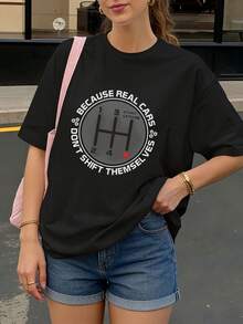Camiseta negra con estampado de cambio de marchas y texto Because real cars dont shift themselves para uso casual - Negro - Ver 1