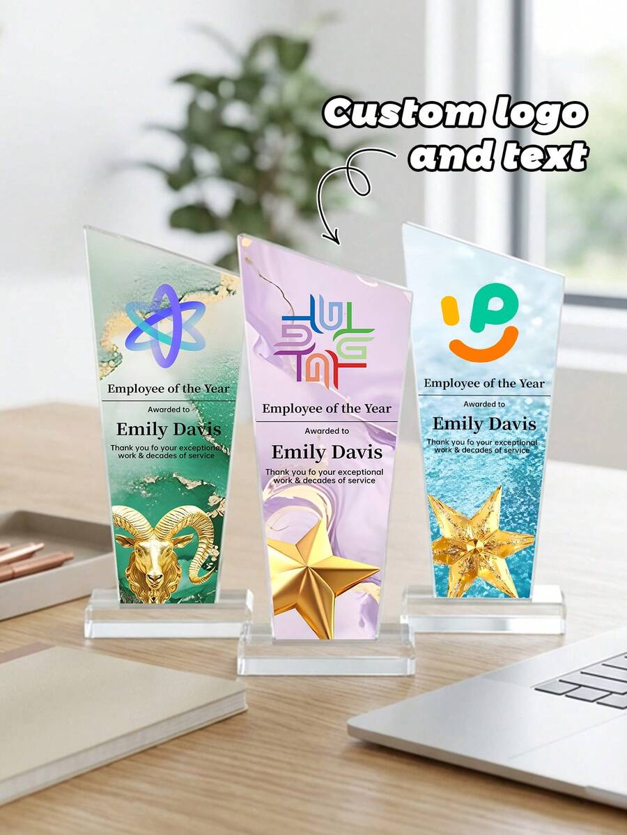 1pc Personalized Acrylic Trophy, Customizable Logo And Text, Star/Goat Head Design, Customizable Color Options Suitable For Corporate And Event Awards, Elegant Gradient Crystal Trophy, Perfect For Office Awards And Anniversary Gifts - Multicolor - View 1