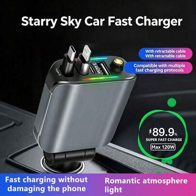 120W 4-In-1 Compact Car Charger, Type-C With 80cm Retractable Cable + Ambient Light And Star Projection + 180° Rotatable Plug + Dual Ports USB-C And USB-A, For IPhone 13-16 Series/Galaxy/Pixel/Android Phones, Portable Charger, Car Essentials, Car Accessories