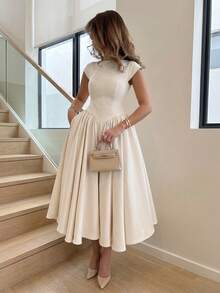Elegantes, minimalistisches, modisches, lässiges, retroartiges, ausgestelltes, kurzärmeliges, einfarbiges, plissiertes, mit Reißverschluss versehenes Damen-Maxikleid, geeignet für Abendpartys, Urlaub, Schule, Büro, Strand, Sommer - Aprikosenfarben - Übersicht 6