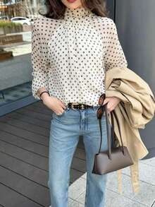 Seelio Spring/Summer New Women's Fashion European And American Style Minimalist Versatile Loose Bowknot Polka Dot Blouse - Beige - View 5