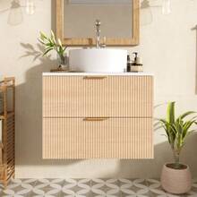 60cm Wall-Hung Bathroom Vanity Unit With Round Ceramic Sink, Drawer Fronts With Wood Look And Simple Stripe Design, High Quality MDF Board, Large Storage Capacity: 2 Drawers + Countertop. - 自然色 - 查看 4