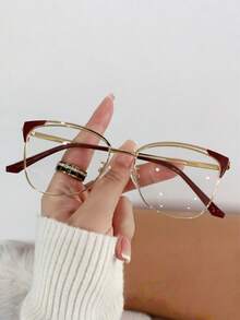 1 par de gafas de mujer con marco de metal y lentes transparentes, con forma de ojo de gato, diseño versátil, accesorio de gafas transparentes - oro negro - Ver 9