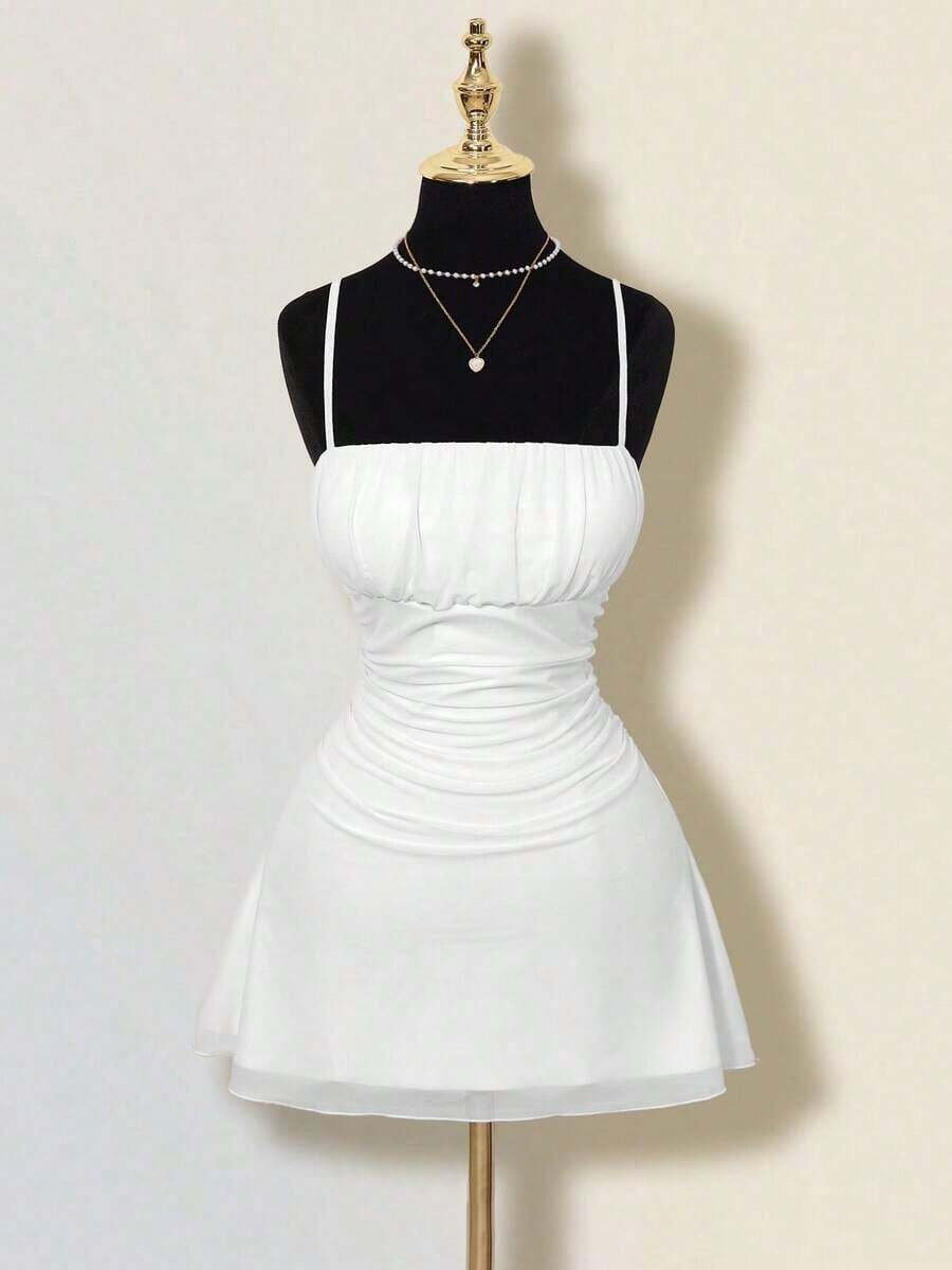 Vestido mini halter retro estampado otoñal con pliegues para mujer - Blanco - Ver 1