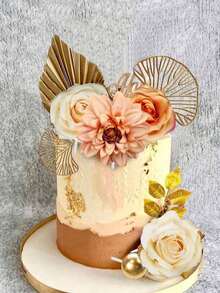 1 Set Bohemian Style Cake Decorations, Including Gold Fan, Artificial Roses, Artificial Gold Ginkgo Leaves And Spherical Decors, Suitable For Weddings, Birthdays, Boho Floral Theme Parties And Other Occasions (Gold) - Gold - View 4