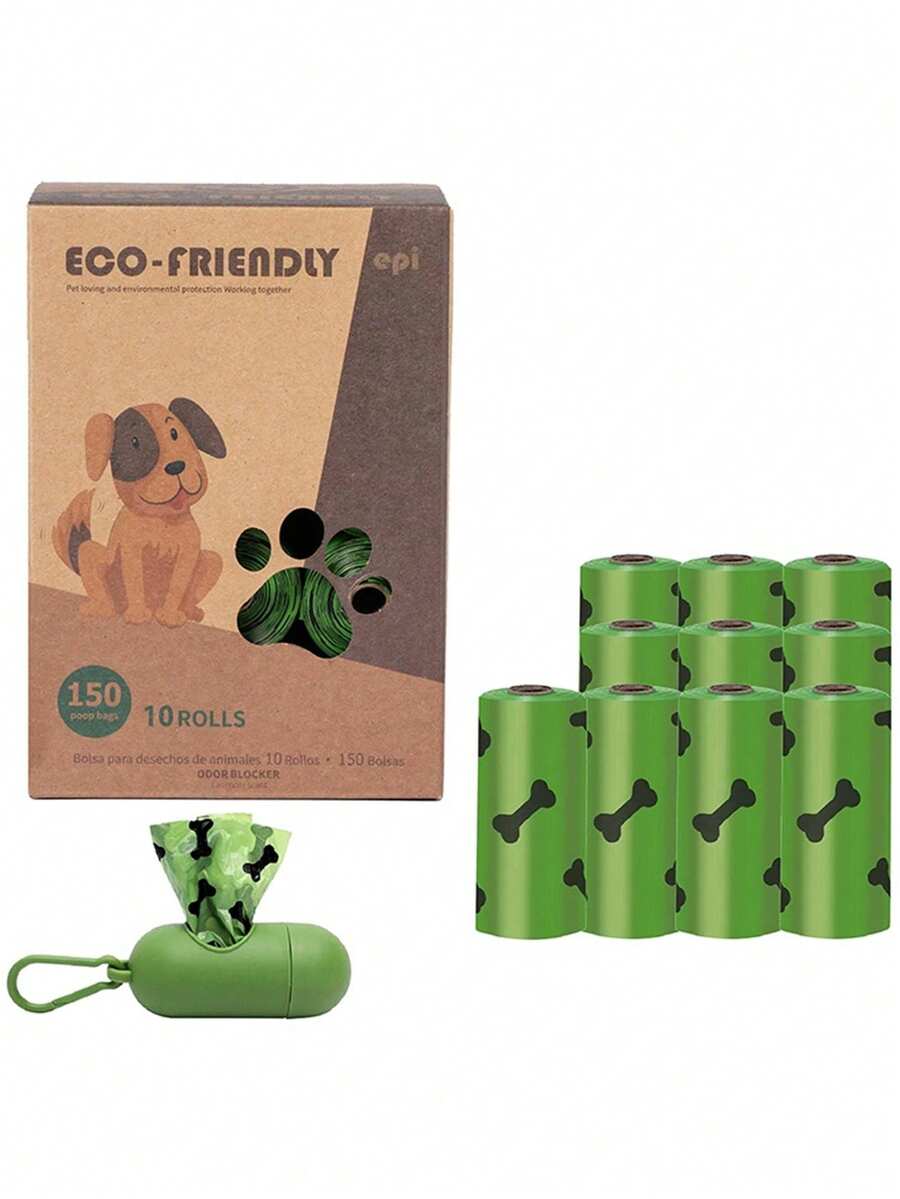 150 túi đựng chất thải cho thú cưng/10 cuộn (15 túi/cuộn, kích thước khi mở rộng 33cm*23cm), túi đựng phân chó dùng một lần cho việc dắt chó đi dạo hàng ngày, kèm 1 hộp đựng thuốc. - màu xanh lá - Xem 1
