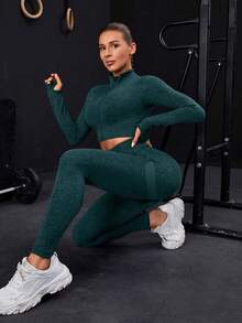 Seamless Zip-Up Tracksuit With Thumb Holes - Dark Green - View 4