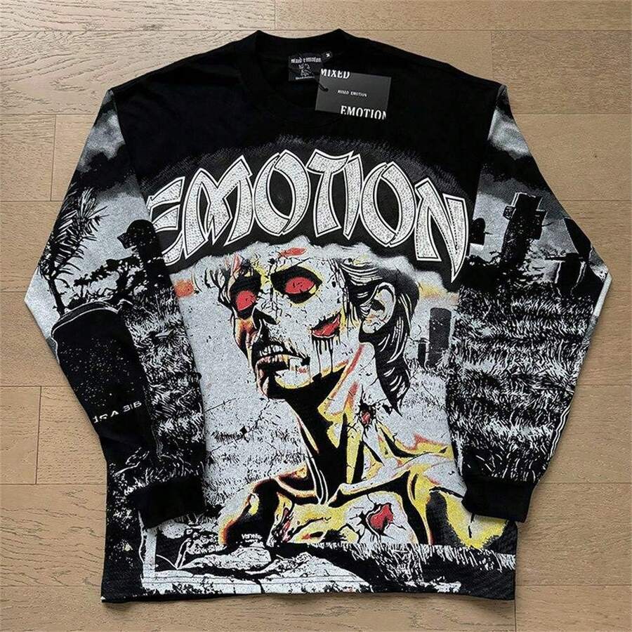 2026 MIXED EMOTION Long Sleeve T-Shirt Men Women High Street Full Print 100% Cotton Crewneck Hip Hop Oversized Tops Tops Hoodies Summer Clothes Western Outfits For Women Summer Outfits For Women Jackets Sweater Jackets For Women - 圖4 - 查看 1