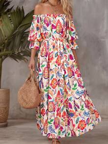 Đầm nữ thanh lịch kiểu Bohemian trễ vai, tay lửng, có túi, xếp ly nhiều lớp dáng chữ A nhuộm tie-dye, hoàn hảo cho các bữa tiệc và kỳ nghỉ, đầm hè dành cho nữ. - Trắng ngà - Xem 9