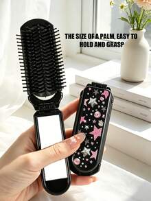 This 2-In-1 Folding Comb With Mirror And Massage Function, Printed With Cute Star, Heart, Sunflower And Colorful Flower Patterns. Portable And Lightweight, Perfect For Daily Commute, Business Trip, Travel, Outdoor Activities, Dating And Student Dorm Use, A Convenient And Practical Hair Styling Tool. - Black - View 5