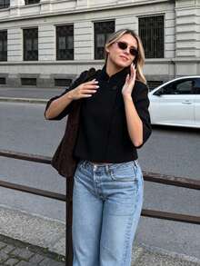 Áo blazer ngắn tay dáng lửng thời trang nữ mùa xuân/thu mới của Camellia, kiểu dáng châu Âu và Mỹ, màu đen, thích hợp cho mùa hè. - màu đen - Xem 5