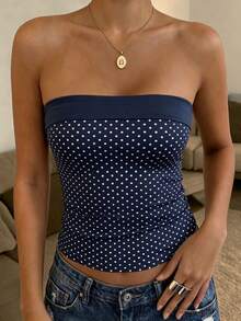 夏季简约百搭波点Y2K风格无肩带修身休闲上衣 - 藏青色 - 查看 1