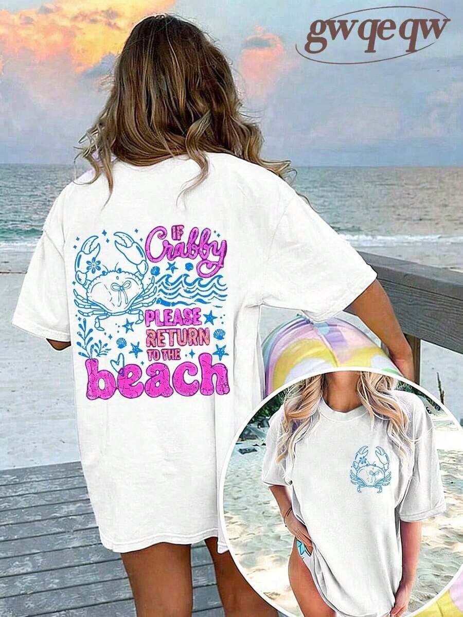 2026 Tropical Vacation OutfitsIf Crabby Please Return To The Beach Double Sided Crab Graphic Tee, Coastal Aesthetic Graphic Tees Women, Summer Fits For Women, Vacation Fits Women, Casual Streetwear, Retro Beach Aesthetic, Beach Life Tops, Oversized Graphic TeesLoose And Comfortablegoing Out Outfits - 白色 - 查看 1