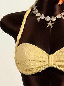 Zestiva Conjunto de traje de baño de 3 piezas para mujer con top bandeau de unicolor, cuello alto fruncido y bajo fruncido, hecho de tela especial trenzada - Amarillo - Ver 7