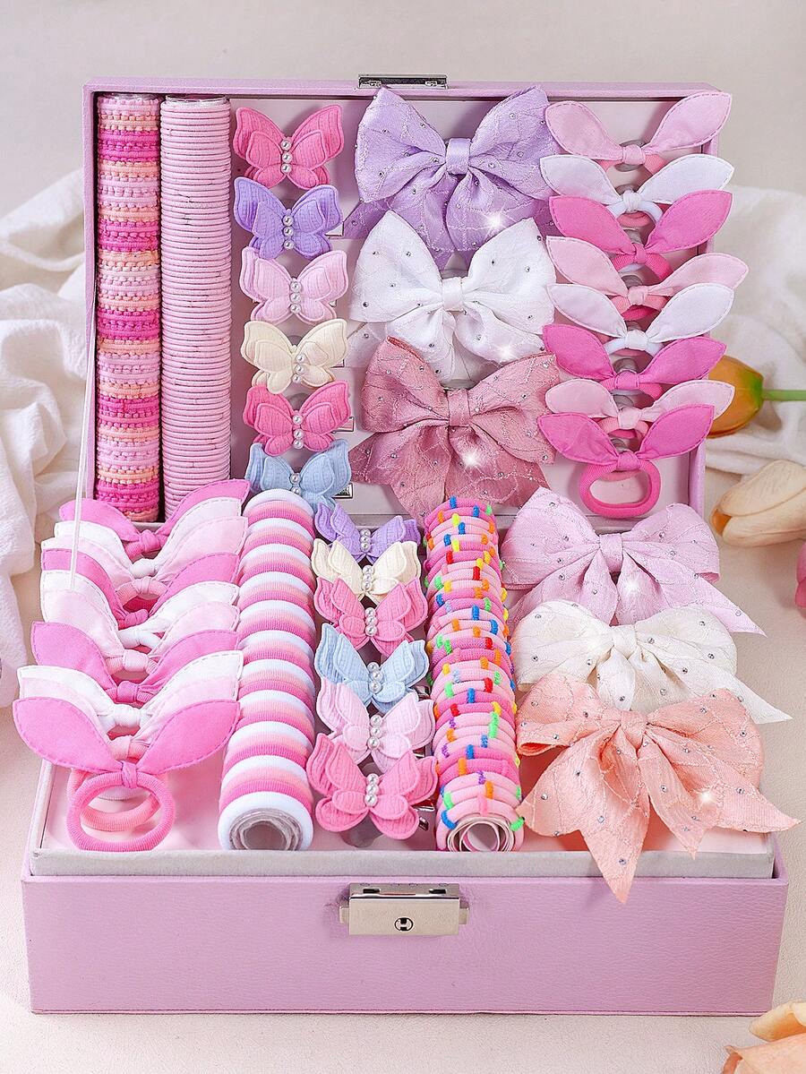 185件套粉彩马卡龙色可爱女孩发饰套装，包含水钻蝴蝶结发夹、珍珠蝴蝶结发夹、兔耳朵发圈、无痕弹力发绳，适合日常、旅行和送礼。 - 彩色 - 查看 1