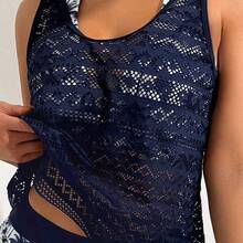 Swim Lushoire Women's 3Pcs Beach Outfit Set, Deep V Coconut Tree Print Shorts Paired With Hollow Out Knit Kimono & Cami Tank Top, Mature Resort Holiday Style, Suitable For New Year, For Summer Beach Vacation - Rosa Fucsia - Ver 7